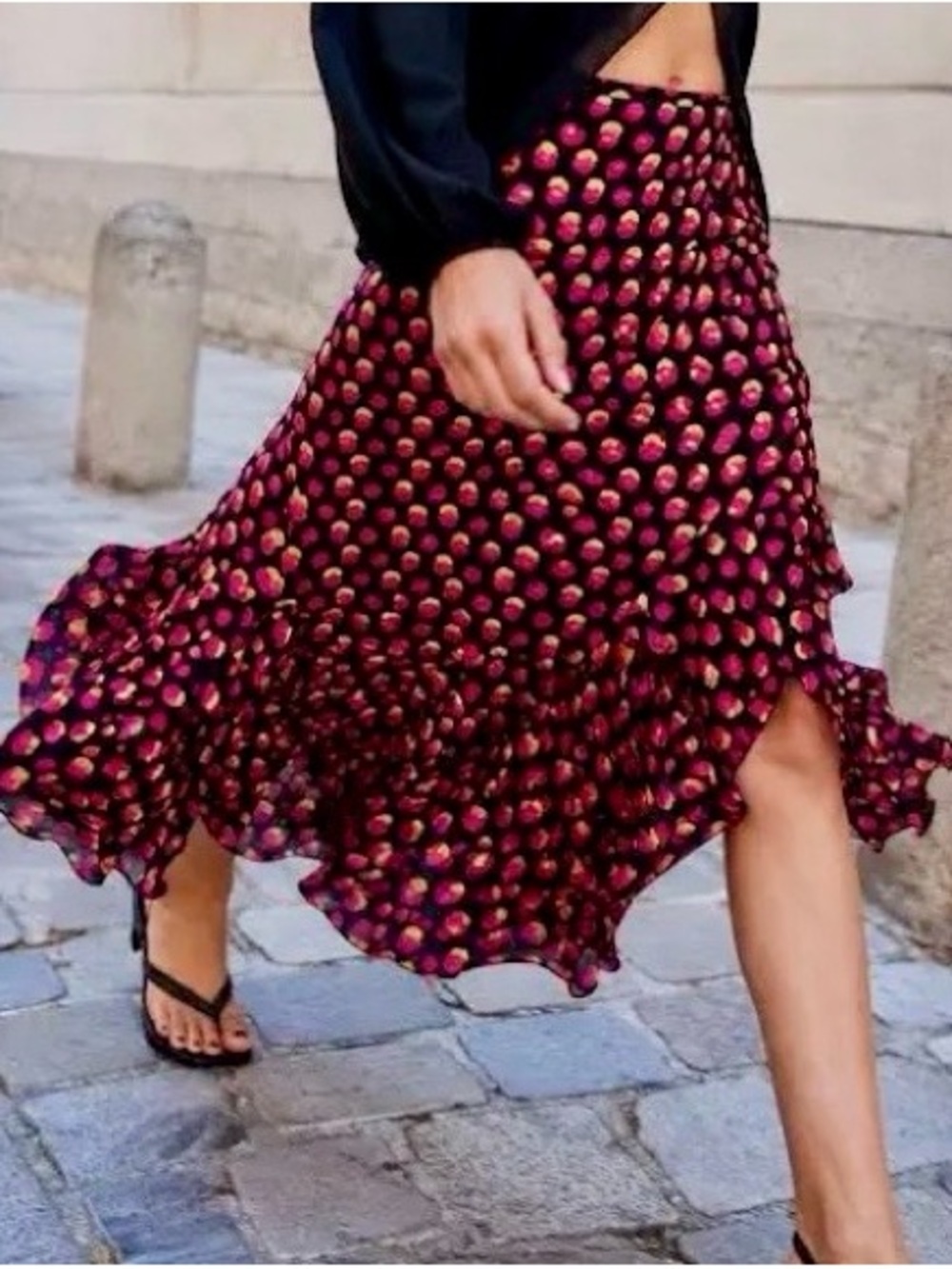 ZARA Asymmetric Black Midi Ruffle Skirt with Polka Dot NWOT - S